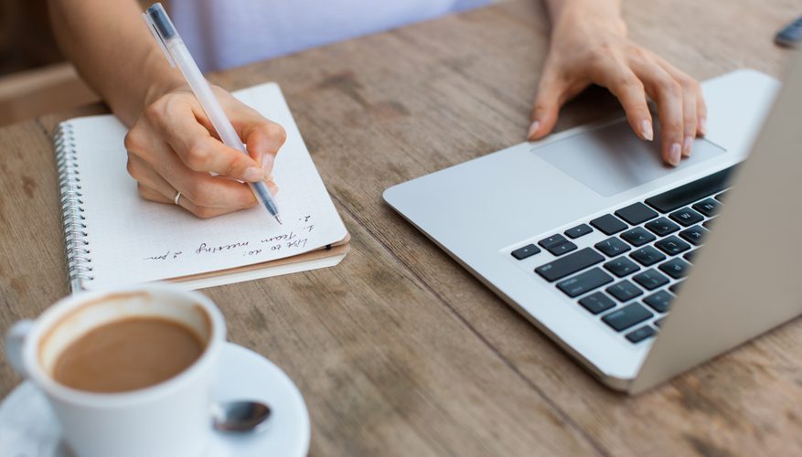 computer, notebook, cup of coffee